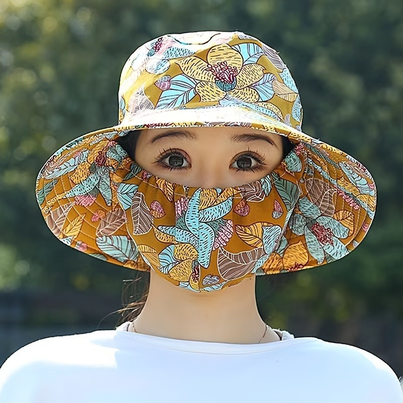 

1pc Uv Protection Sun Hat With Integrated Face Mask - Breathable Polyester, Woven , Inelastic Fit For Outdoor Cycling Activities, Use