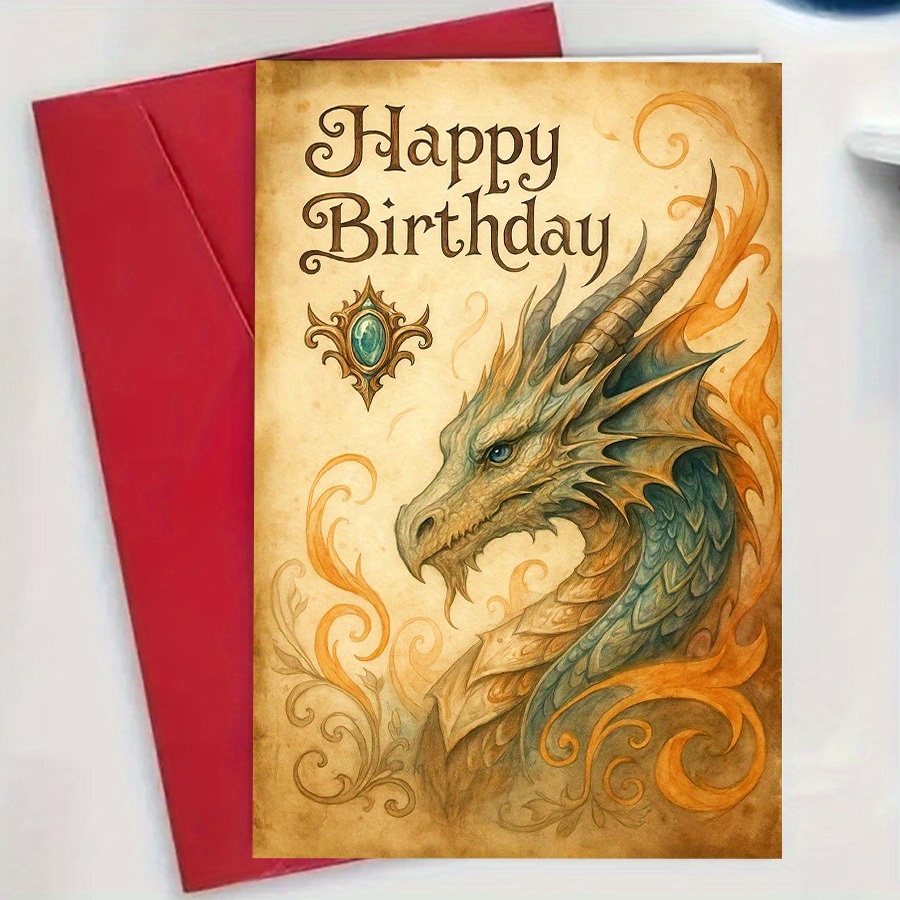 TEMU 1 Fantasy Dragon Birthday Card With Envelope - Elegant Design, Glowing Eyes And Exquisite Scales, Theme Greeting Card, Gift For Fantasy Fans And