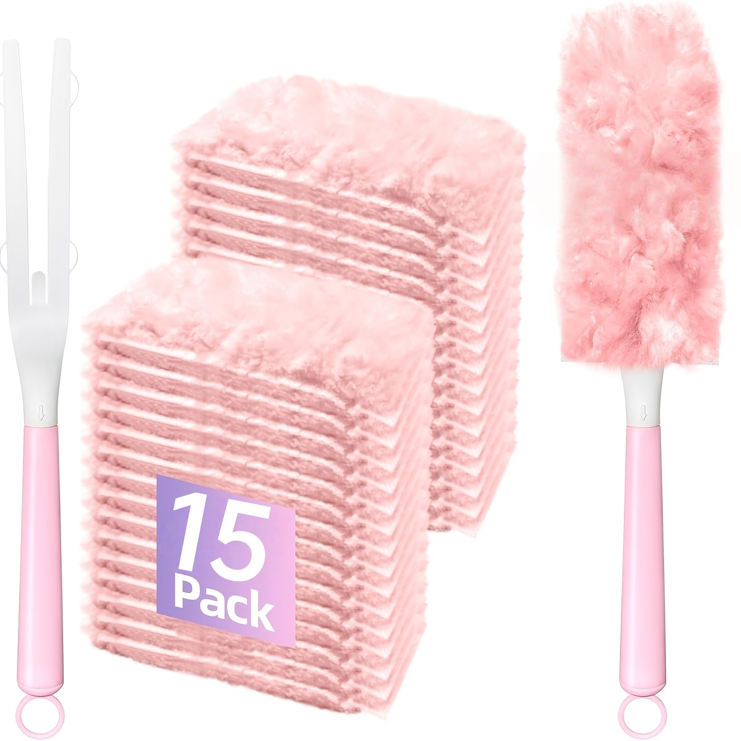 TEMU 15pcs Pink Disposable Duster Refills, With 1 Handle, Dust Removal Cleaning Artifact, Home Car Cleaning, Suitable For Daily Cleaning, Household