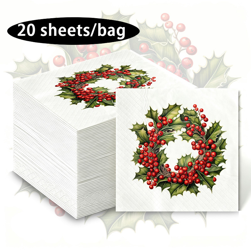 TEMU Winter Holly Wreath Napkins, Christmas Pattern Printed Tissues, Popular Choice For Festive Scenes, Exquisite Hand-drawn Green Leaves And Red