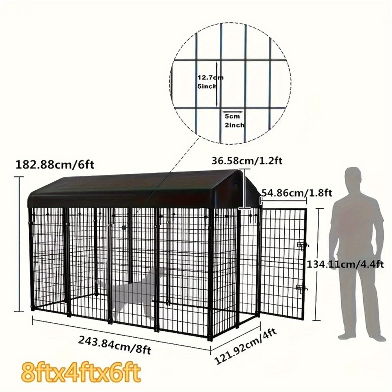 TEMU 98"l X 49"w X 71"h Dog Kennel Outdoor With Waterproof Roof, 8x6x4ft Large Outdoor Kennel With Rotating Feeding Door, Bowls, Dog Cage For Outside