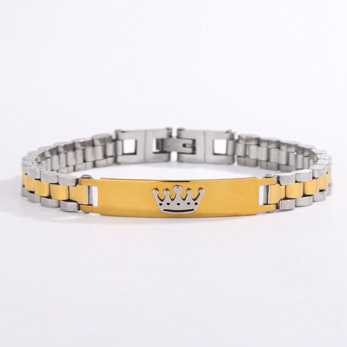 TEMU 1pc Bracelet Couronne en Acier Inoxydable Doré pour Homme, Plaque en Acier Inoxydable, Ensemble Tendance et