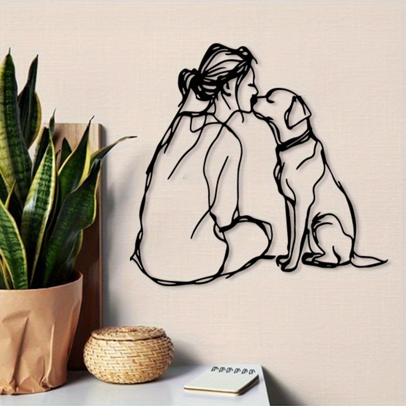 Image of 2d Flat, Woman And Art Metal Wall Decor - Minimalist & Illustration, Powder-coated Iron Vertical Hanging Panel For Pet-friendly Living Room,, Office - Gift For Dog Lovers (christmas