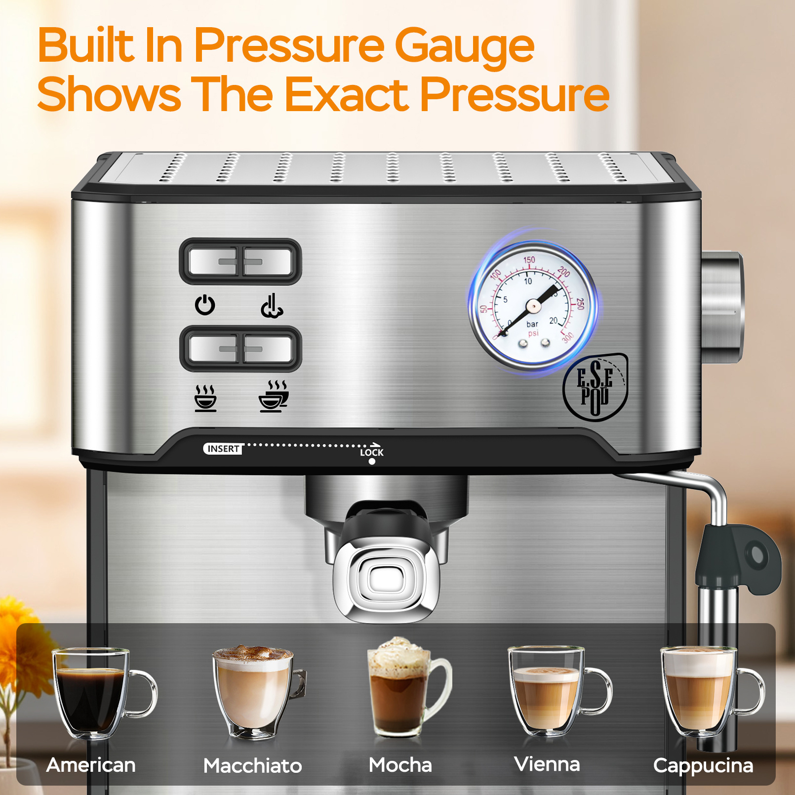Plum Chef Espresso Machine, Made of Stainless Steel, Features a Dual-Brew Coffee System with a 54.1oz Water Reservoir, Includes Safety Mechanisms And Overpressure Protection, Perfect for Everyday Use at for Home