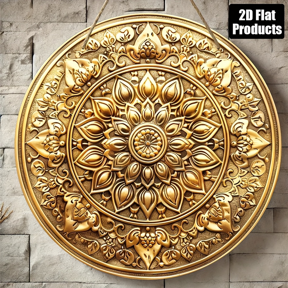 TEMU 2d Flat, 1pc Round Wooden Mandala Wall Art Sign, Intricate Golden , For Home, Office, Bar, Kitchen, Cafe Decor, Party Accessory, Holiday Gift,