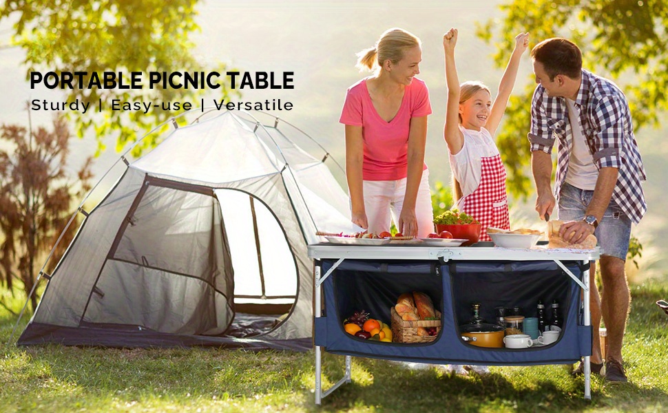 Bonnlo 4ft Folding Table with Storage Aluminum Camping Picnic Table Adjustable Height for Outdoor Beach BBQ Backyards Travel Party Garden Patio Folding Dining Table Black/ White Foldable Table Camping Gear and Equipment