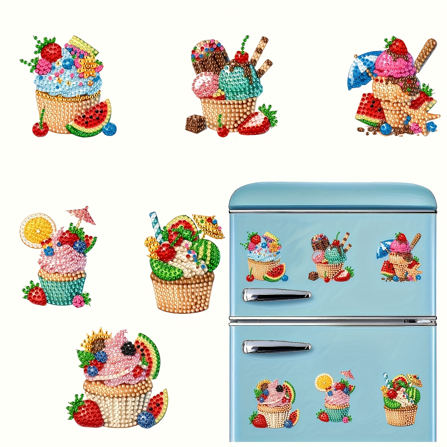 TEMU 2d Flat Printing 6pcs Diamond Painting Magnetic Decorations, 5d Round Diamond Craft Kit, Pet Material, Suitable For Beginners To Improve Craft