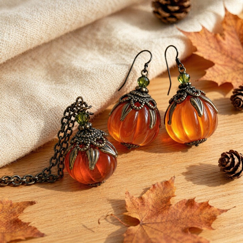 TEMU Autumn Atmosphere Retro Orange Pumpkin Glass Earrings Necklace Set Leaf Wrapped Earrings Niche Aesthetic Halloween Wear Additions Holiday