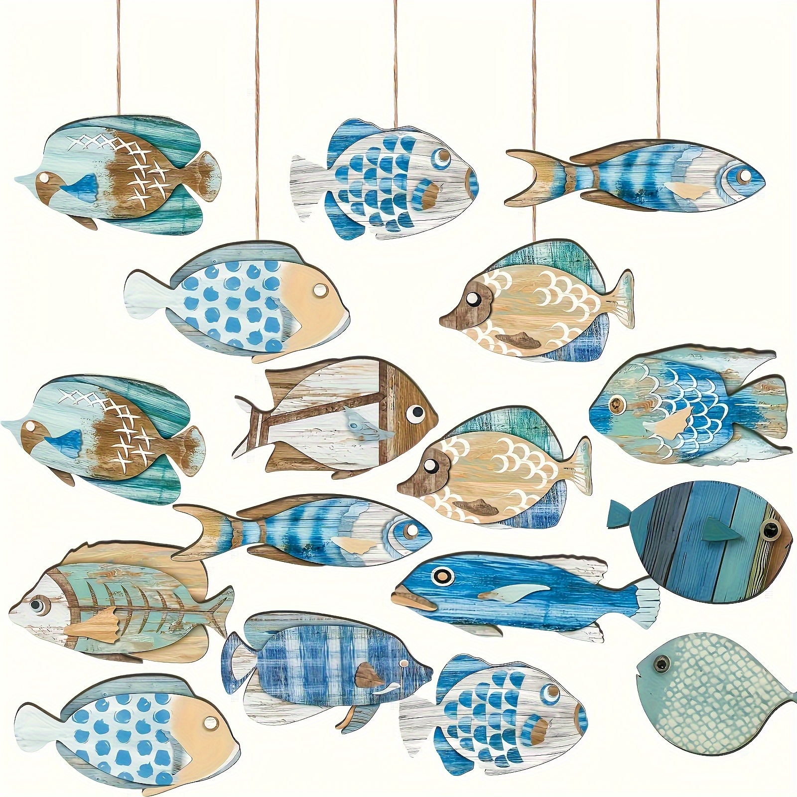 E-shop 2D Flache, 12-teilige Ozean-Themen Holzdekoration – Blau und Beige Fischförmiges Design, Ideal für - und Feiertagsdeko, Innen-/Außenbereich