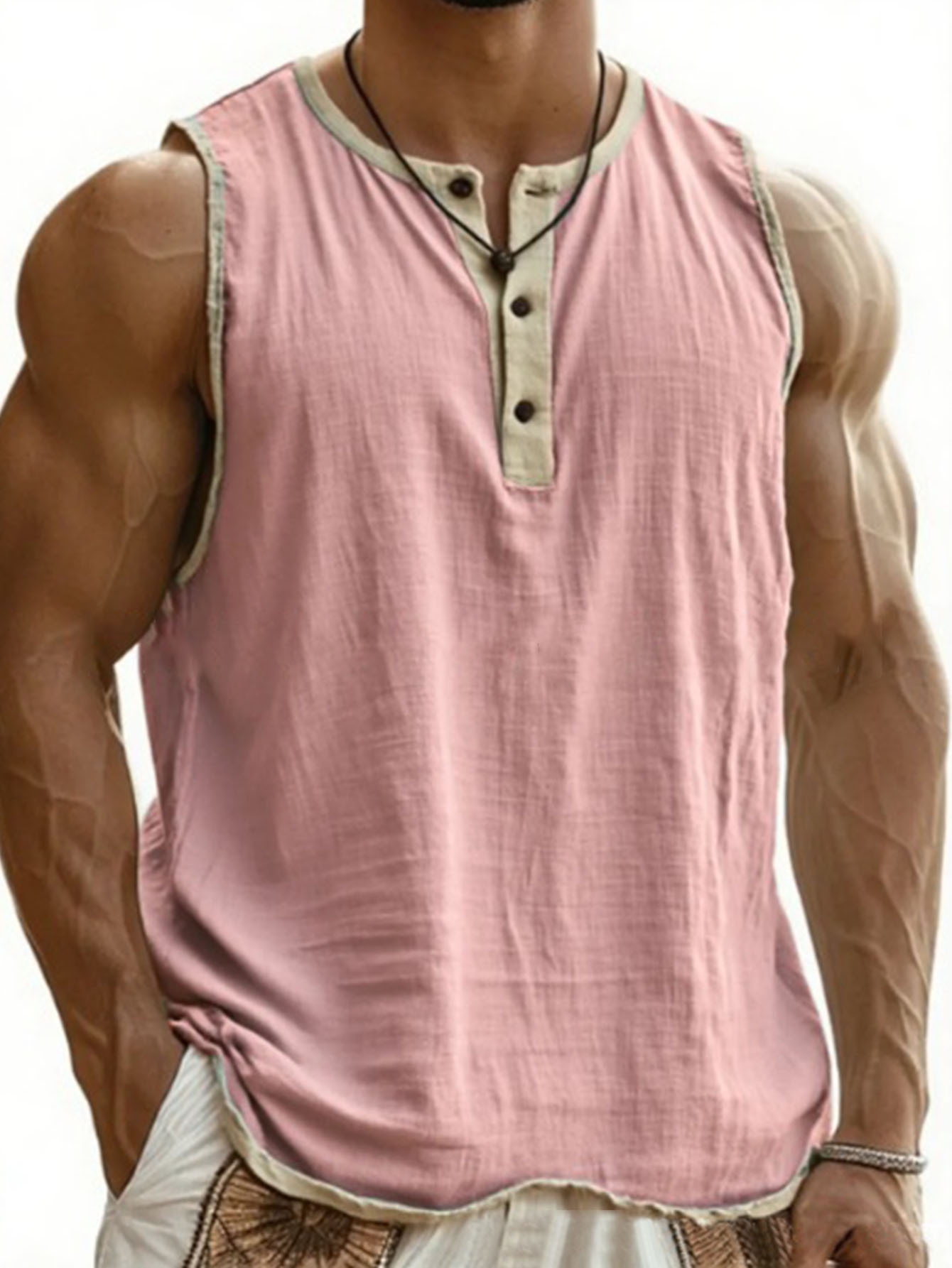 mens color block henley tank top sleeveless casual vest with button     shirt for summer