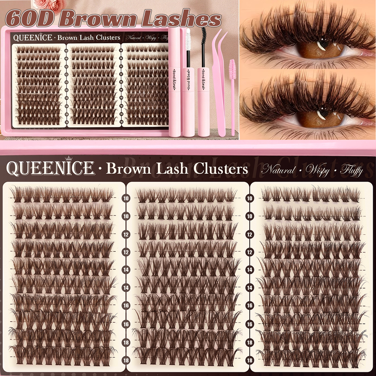 Brown Lash Clusters Kit Natural 300pcs Wispy Lash Clusters Individual Eyelash Extensions Kit C Waterproof Long Lasting Light Brown 10-16mm