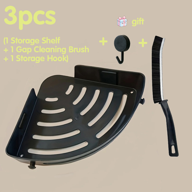 TEMU 3pcs Set (1pc Shelf And 1pc Brush And 1pc Hook) Wall-mounted Bathroom Corner Storage Rack, Triangular Shelf With Towel Hook, Space-saving