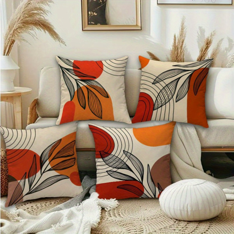 TEMU 4pcs Bohemian Geometric Pattern Throw Pillow Set - Soft And Vibrant Orange, Black, And White Leaf Print Decorative Cushions With Zipper, Machine