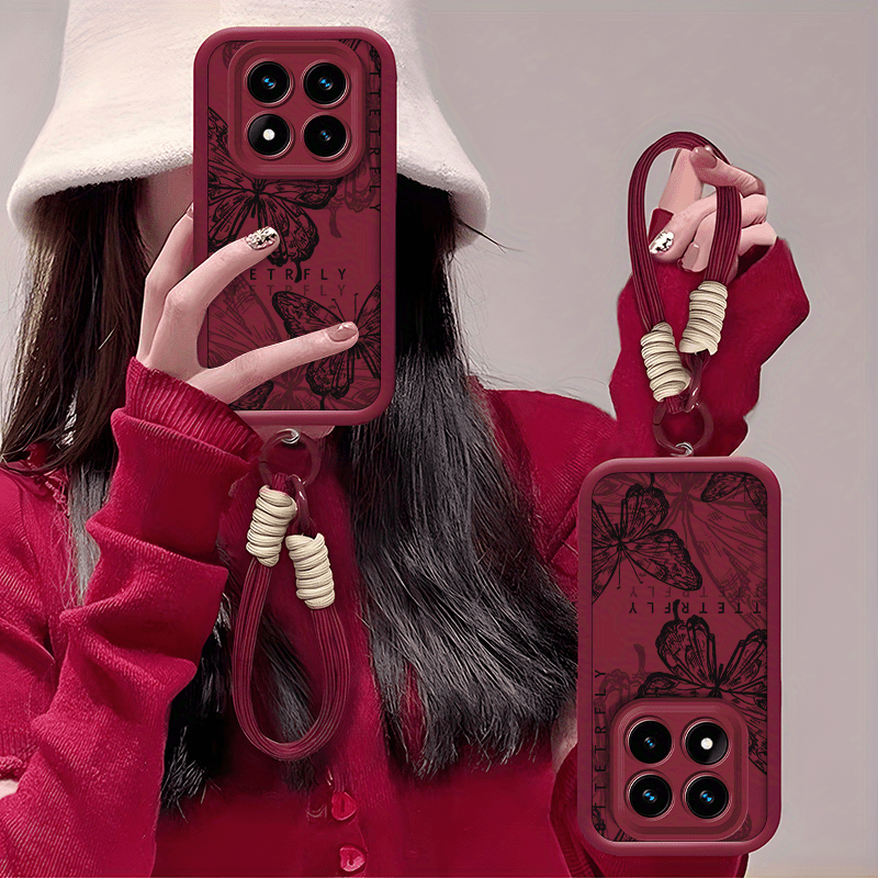 TEMU Phone Case - Basic Wine Red Phone Covers For Xiaomi Redmi Note 14 Pro 5g, Featuring A Lanyard Design Suitable For All Genders. Durable Tpu Soft