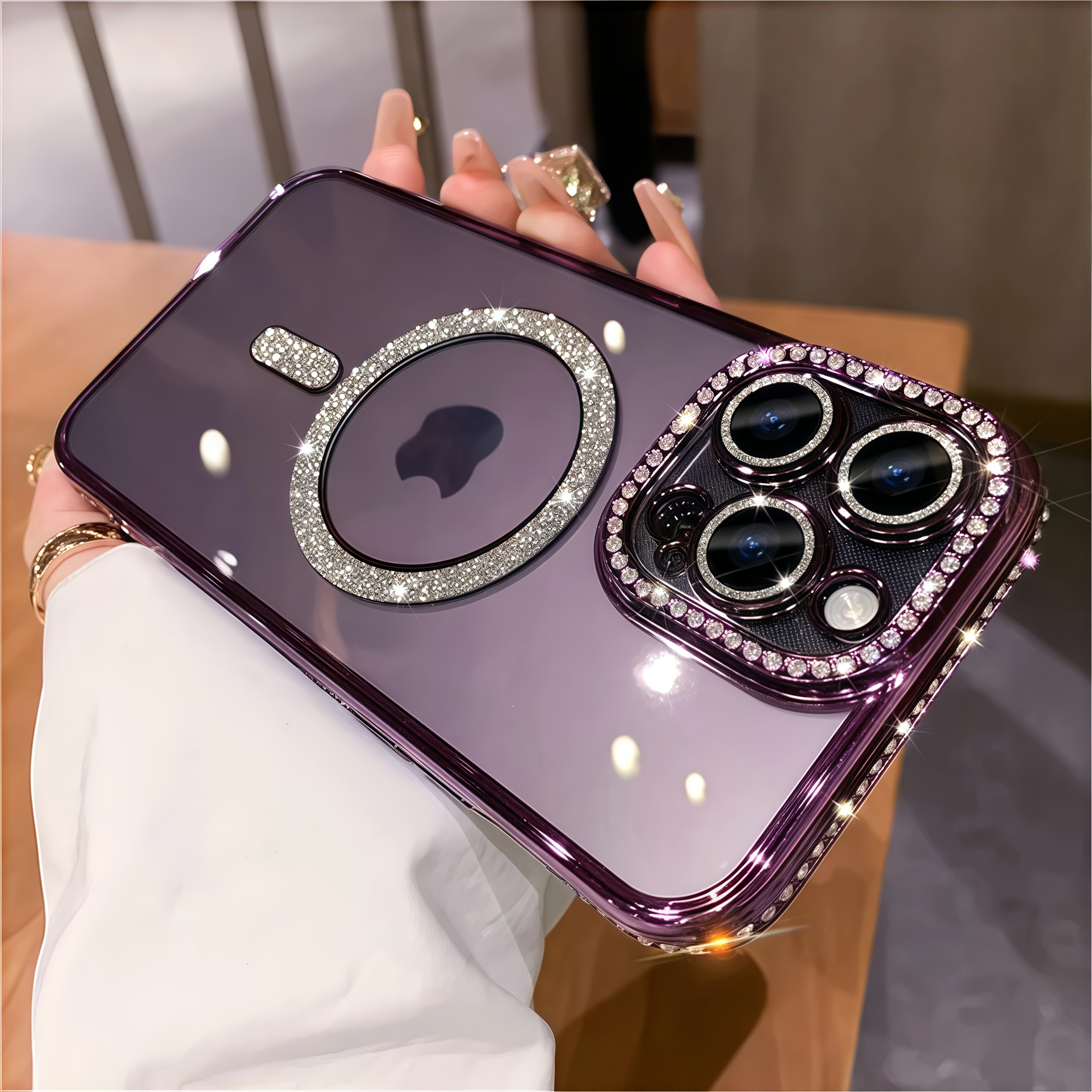 2025 New Luxury Fashion Flash Diamond Transparent Phone Case for iPhone 16 15 14 plus 13 Pro Max Magnetic Wireless Charging Back Cover