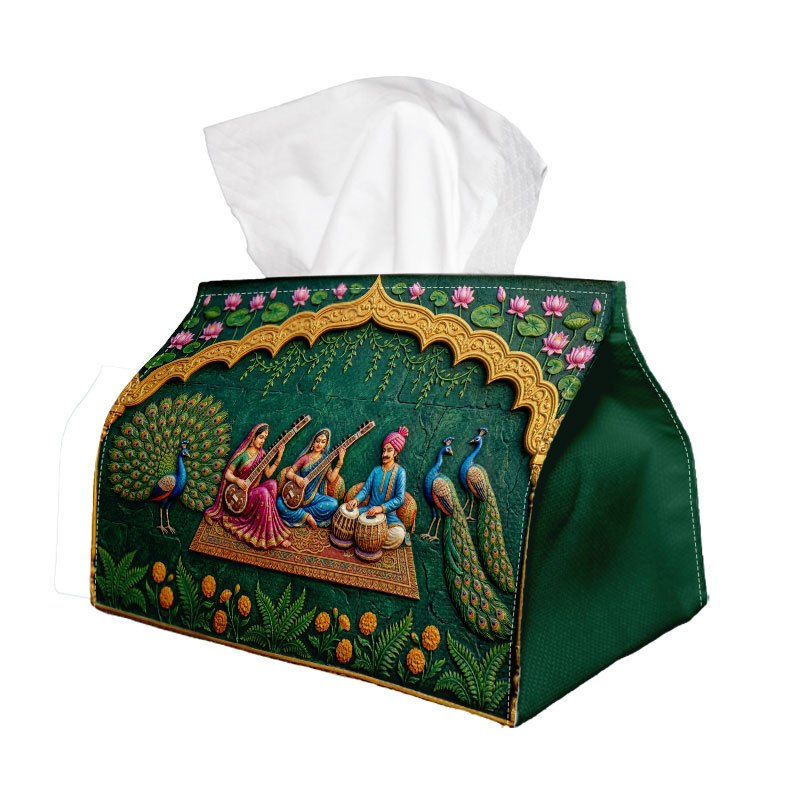 TEMU 1pc Indian Ethnic Traditional Tissue Box-musician Peacock & Arch Print Durable Polyester Fabric For Home, Office, Car, Party-space-saving Napkin