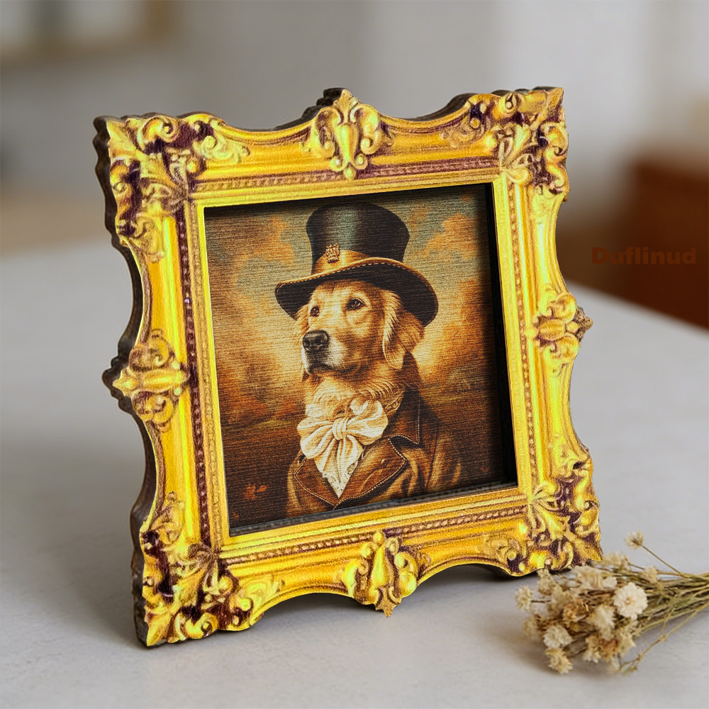 TEMU 1pc Duflinud Wooden Golden Retriever Magnet Suitable For Fridge, Wood Mini Square Fridge Magnets With Vintage Dog Decor, Bow Tie & Top Hat, Wood