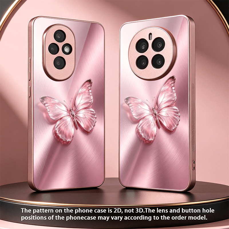 honor magic 7 6 5 lite, honor 200 90 lite, x9c x8b 모든 모델용 [2d 평면] 2d 핑크나비광택날개로맨틱 패턴 세련된 메탈릭 마감 핑크 유리 휴대폰 케이스, 일상 스타일, 시각적 질감