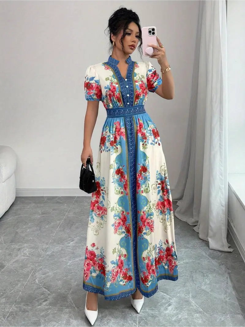 womens floral a line dress flared hem party formal dress with elegant floral print in blue red white machine washable for weddings garden parties everyday outfits non stretch fabric wedding guest attire short sleeve design Product details 3