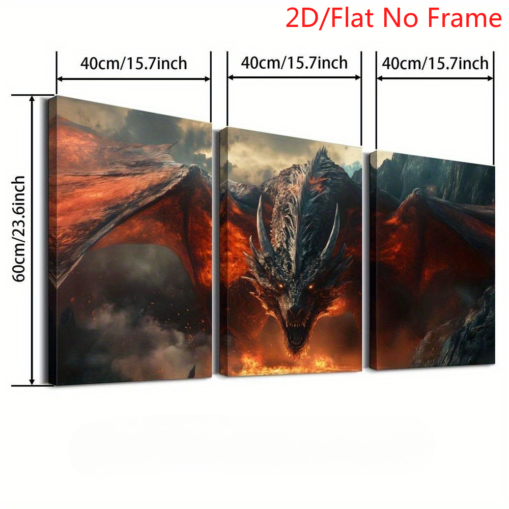 TEMU 2d Flat, 2d Flat, 2d/flat Frameless, 3pcs Set Of Dragon Artwork, Fire Dragon Creative Posters, Perfect For Indoor Wall Decoration