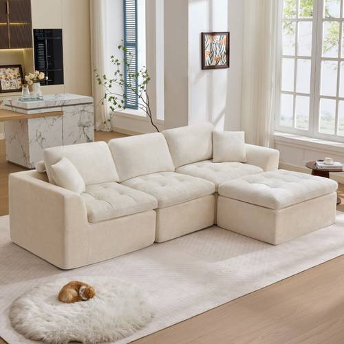 110 Modern L-Shaped Modular Sectional Sofa with Movable Ottoman - Convertible Cloud Couch Suitable for Living Room, Deep-Seat Foam Upholstered Sofa, Non-Wood, Multicolor Options for Home & Apartment, Expandable