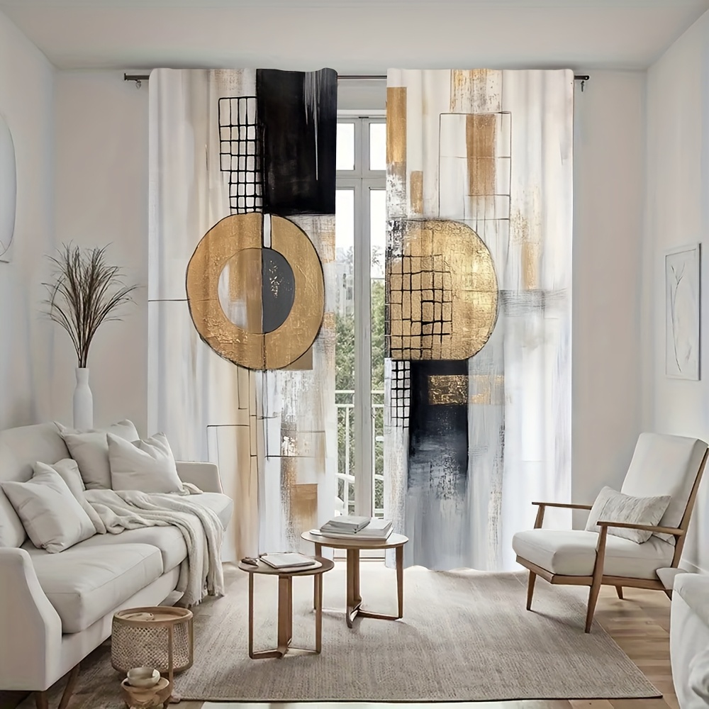 2pcs, rideaux tendance toutes  ,   crème mat, beige doré, noir, aquarelle, géométriques et abstraits, 100% polyester, parfaits pour la décoration essentielle de chambre, bureau, cuisine, salon, bureau - fenêtre   avec des couleurs et   vifs
