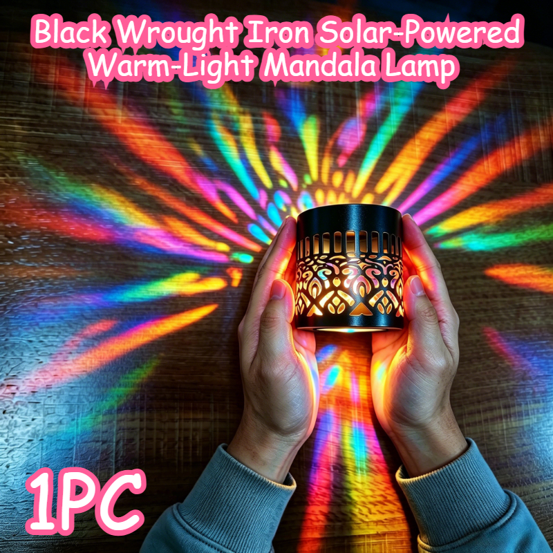 TEMU 1pc- Led Outdoor Solar Light With Iron Lantern Design, Mandala Projection Spotlight, Floodlight, Wall Light, Holiday Decoration Light, Hollow