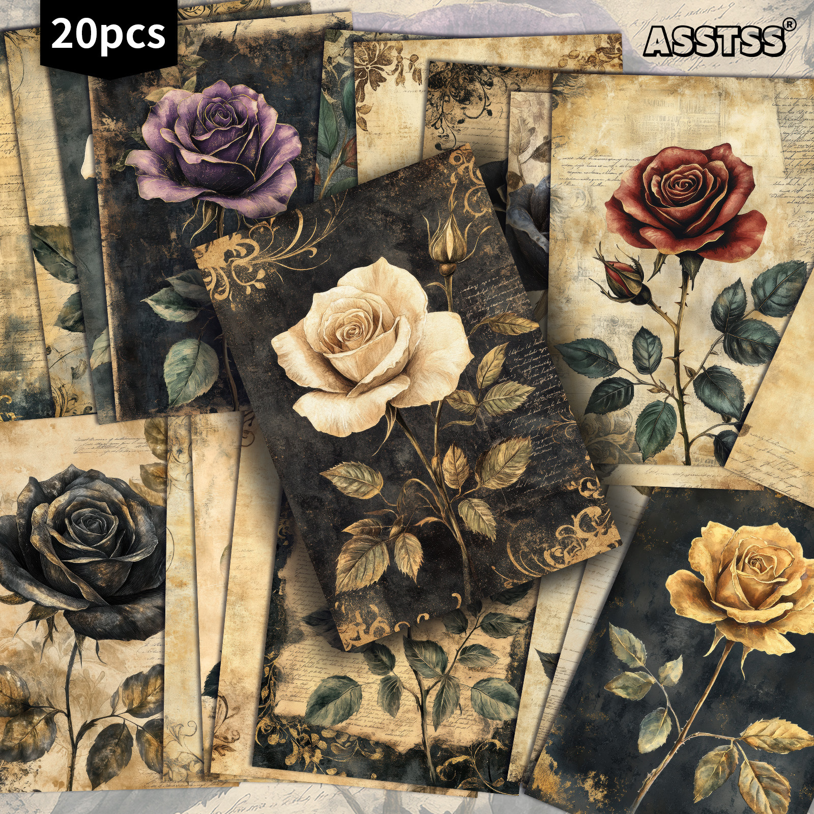 TEMU 20-pack Asstss Roses Of Colors Gift Cards - 4x6 Inches Retro Junk Journal Paper, Classic Pinup Illustrations, Collectible Decorative Painting