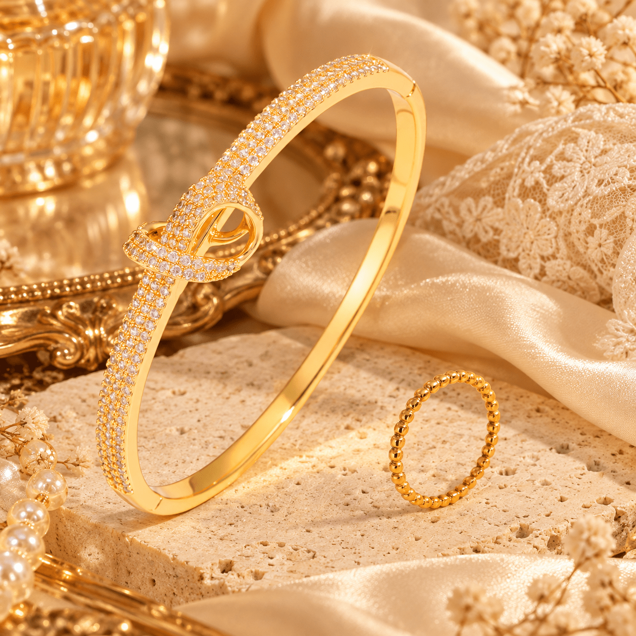 Unisex 2pc 18K Gold Plated Bracelet & Ring Set, Exquisite Design