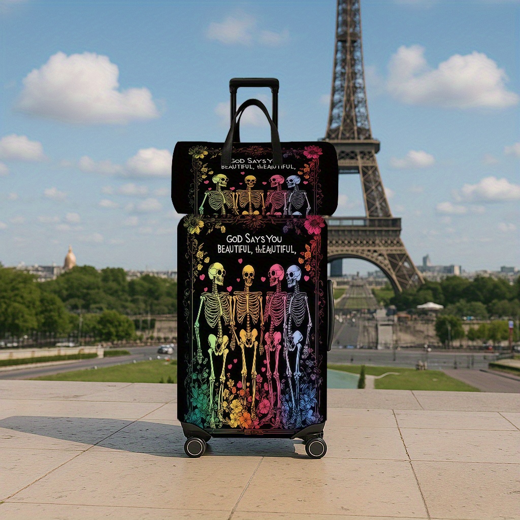 Colorful Skeleton & Flower Suitcase Set, Travel Bag & Luggage Protector