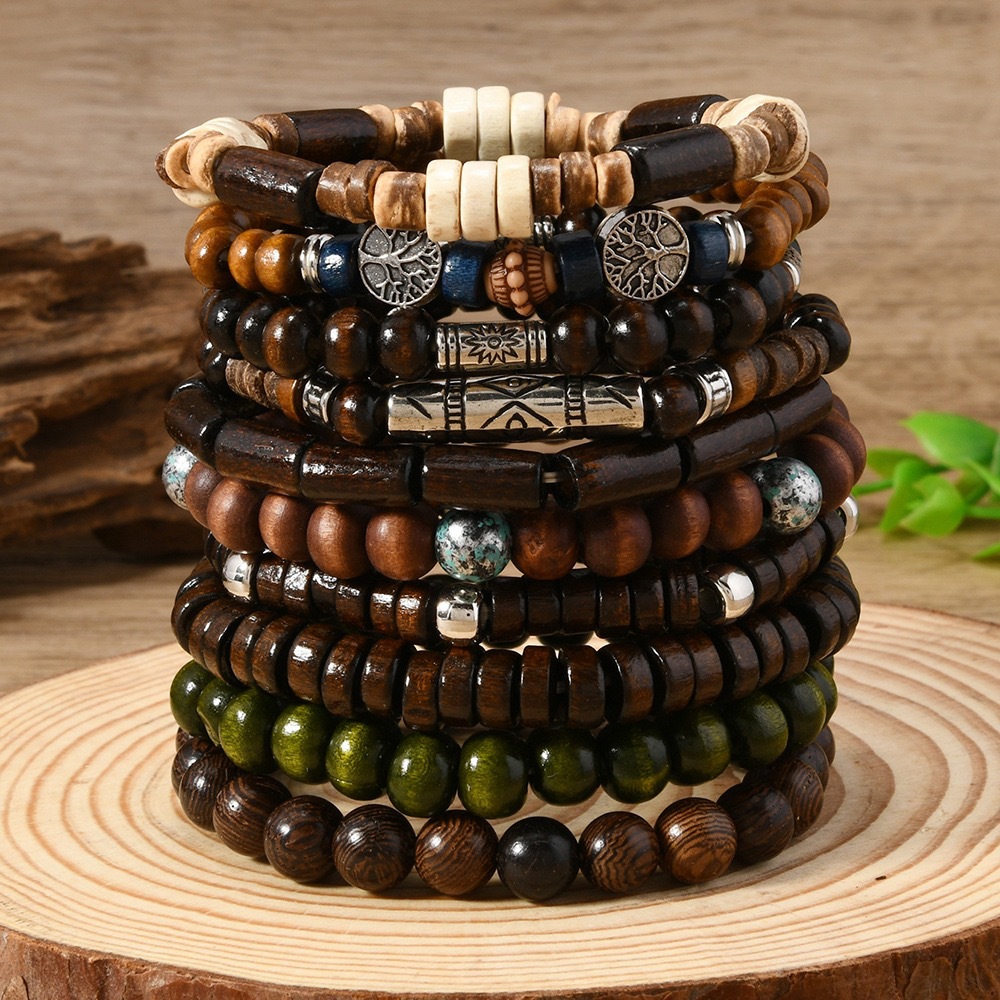 TEMU Bohemian Style Wooden Beaded Bracelet 10pcs Set, Vintage Multi-style Stackable Bracelets For Men And Women, Casual Wear Accessories