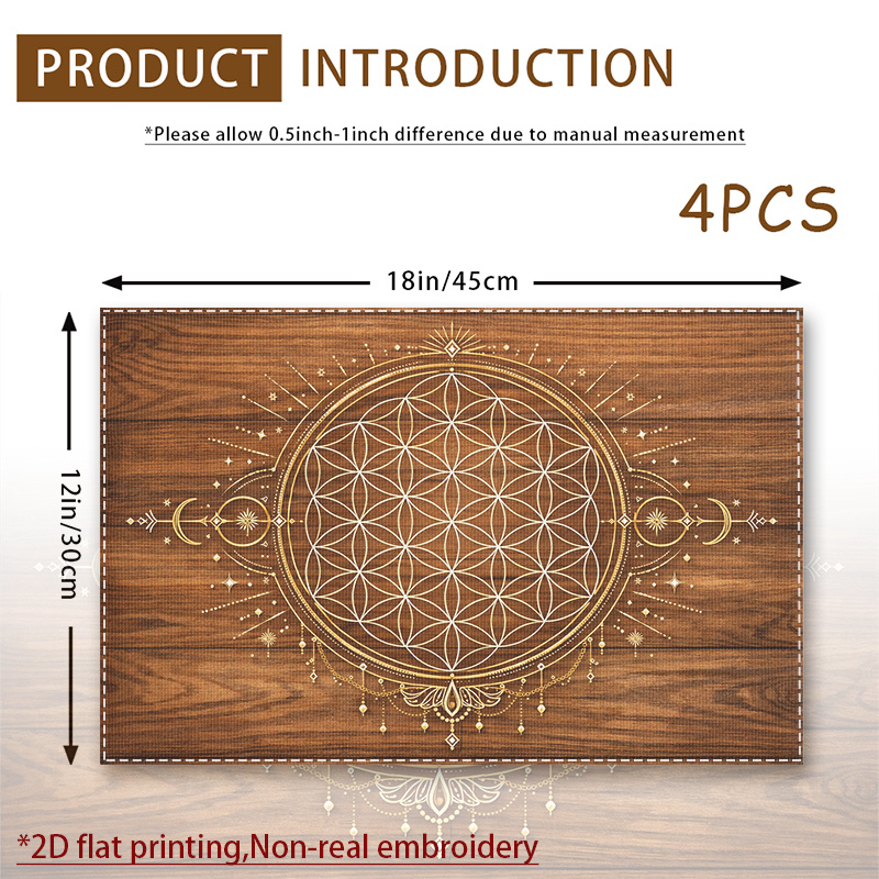 TEMU 4pcs Flower Of Placemats Mystical Rustic Boho Pattern Printed Placemat Washable Mats Dining Table Kitchen Holiday Parties Home Decor Rectangle