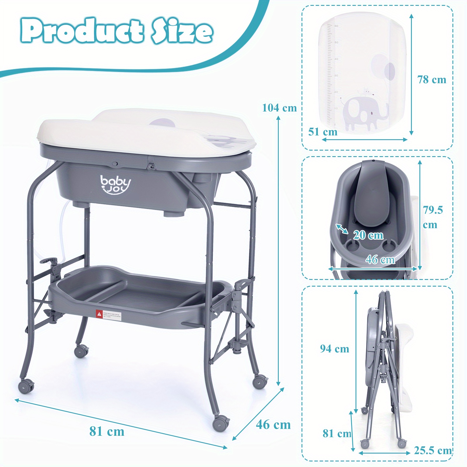 Grey COSTWAY 2-in-1 Folding Changing & Bathtub Table Mobile Nursing Station w/ Lockable Wheels & Storage Basket - Image 8