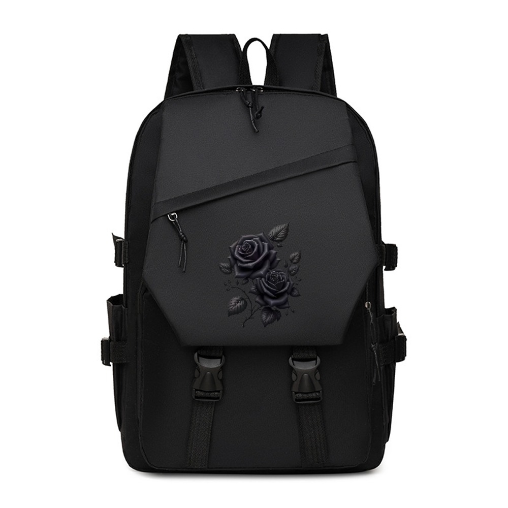 TEMU Black Rose Floral Nylon Backpack Suitable For School & Travel, Lightweight Laptop Bag With Padded Compartment & Multiple Pockets, Adjustable