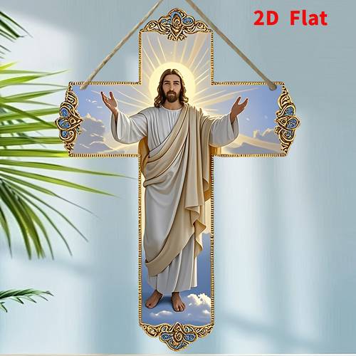 item picture 2d flat printing wood 2d flat elegant cross pendant with golden exquisite frame religious wall or car hanging ornament home or vehicle inspirational faith symbol religious home decor 2d flat