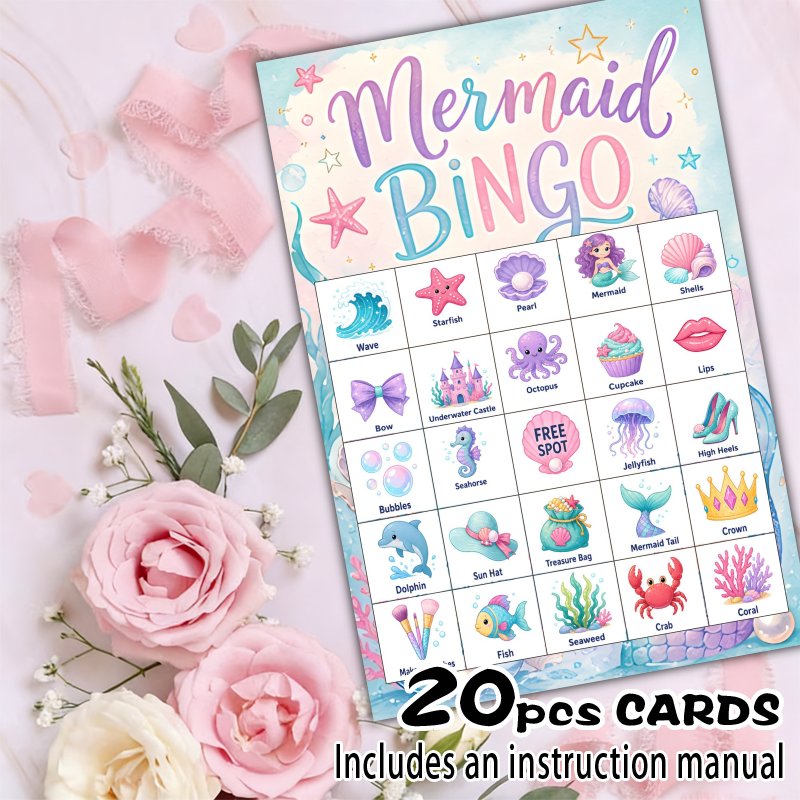 TEMU Lot de 20 cartes de bingo sirène CMD pour jeux de fête, activités en classe, enterrement de vie de fille et fêtes d'année - Cartes de bingo à