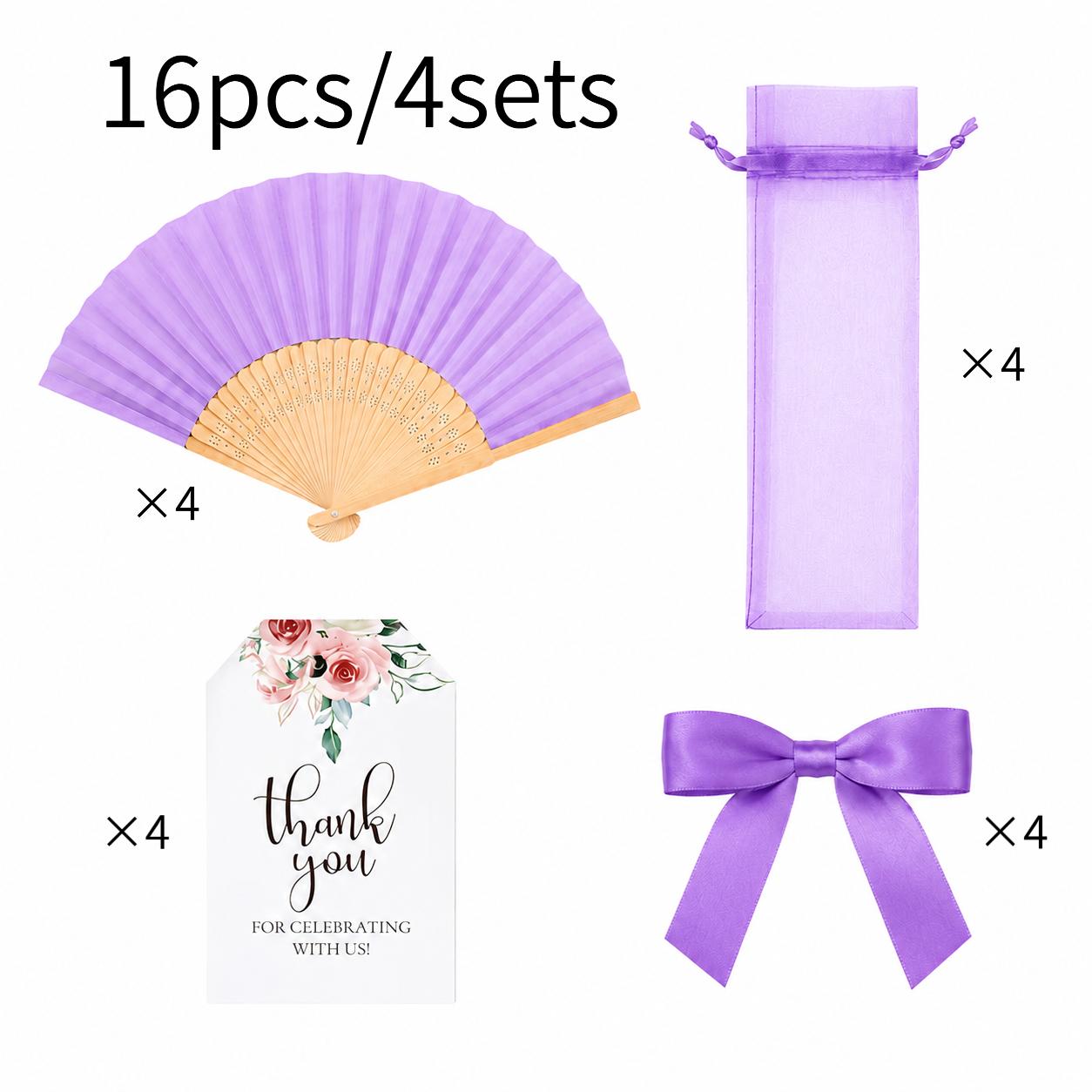 TEMU 16pcs/4-set Handheld Folding Fan Set: Folding Fan + Organza Bag + Bow + Thank You Card, Suitable For Wedding Favors, Bridal Party Gifts, Various