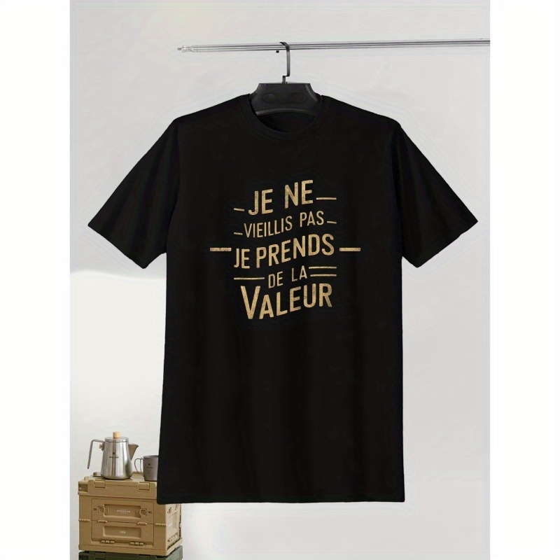 

T-shirt décontracté à manches courtes pour homme, polyester, coupe standard, col rond, motif géométrique, mode , typographique "JE NE VIEILLIS PAS", taille adulte