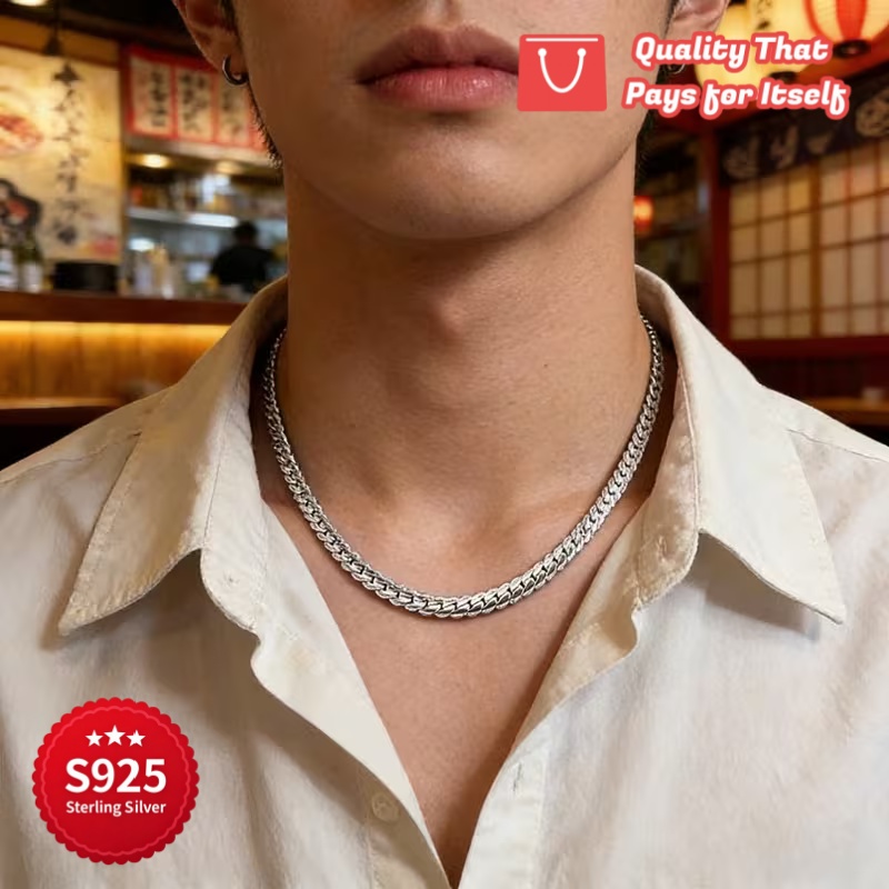 925 Silver Embossed Cuban Chain Necklace, Handmade Design
