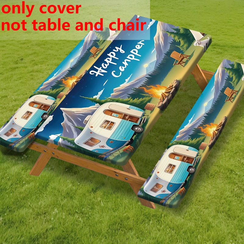 TEMU Nappe de - 3 pièces (1 nappe + 2 tabourets), décorée avec camping-car bleu et blanc, enneigées, pins, et chaises de camping. Convient pour le