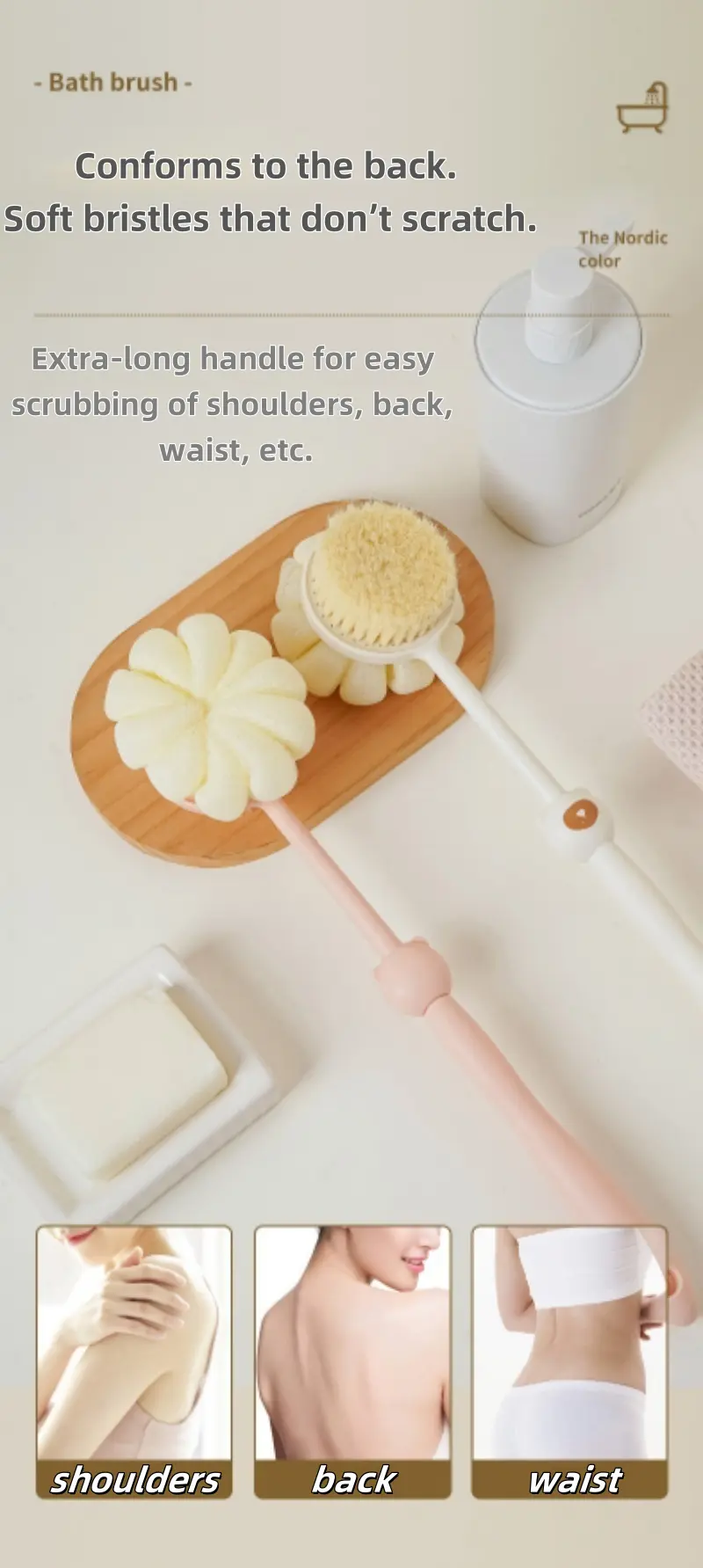 2 in 1 long handle shower brush luffa sponge with bear grip soft dense bristles anti slip hanging design for gentle exfoliating back scrub ergonomic bath shower tool shower accessories bathing accessory bathroom decor body scrubber hygienic material personal hygiene Product details 10