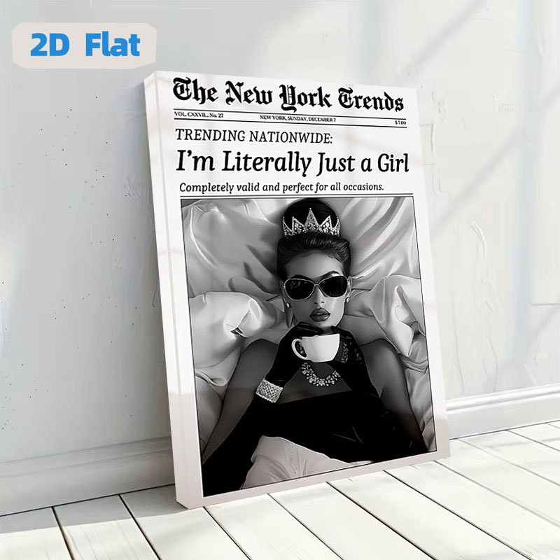 TEMU 2d Flat, 2d Flat, 1pc, Wooden Frame Canvas Painting Poster, Fashion Queen Drinking Coffee Black And Cover Style Canvas Art, Modern Poster Canvas