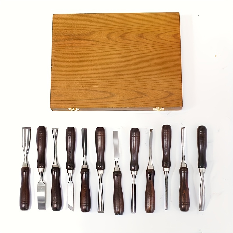 12pcs Chrome Vanadium Steel Professional Wood Carving Tools Set with Exquisite Wooden Box, Black Walnut Wood Handle, Including Scraping Knife, Carving Chisels, Turning Tools, for Woodworking, Carving And (Durable Material)