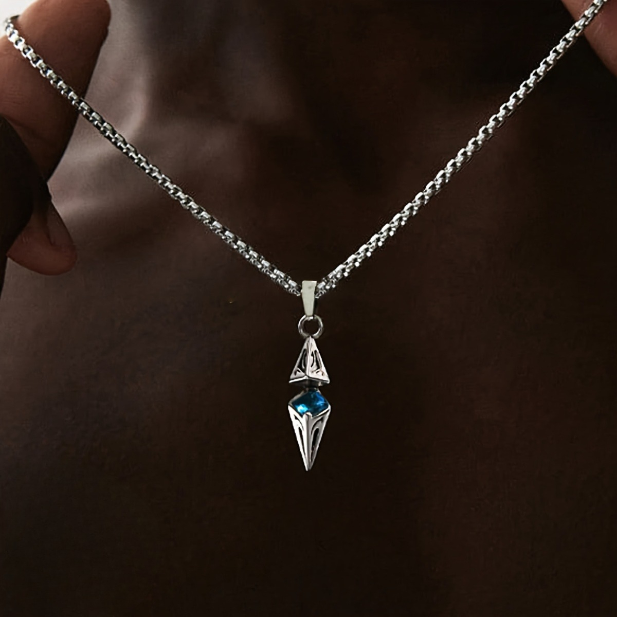 TEMU Rhombus Blue Synthetic Cubic Zirconiaia Pendant Necklace, Featuring A Stylish And Elegant Design For A Cool Everyday Look