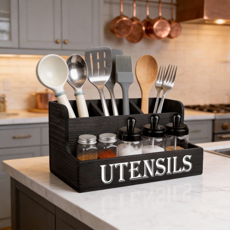 TEMU Large 4-slot Wooden Kitchen Organizer, White Countertop Storage Holder, Rustic Kitchen Utensil & Spice Rack