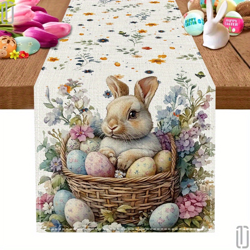 

1pc Easter Bunny Polyester Tablecloth - 72" Machine Made Knitted Fabric With Happy For Spring/summer Holiday Table Decor, Home Decoration, And Party Supplies