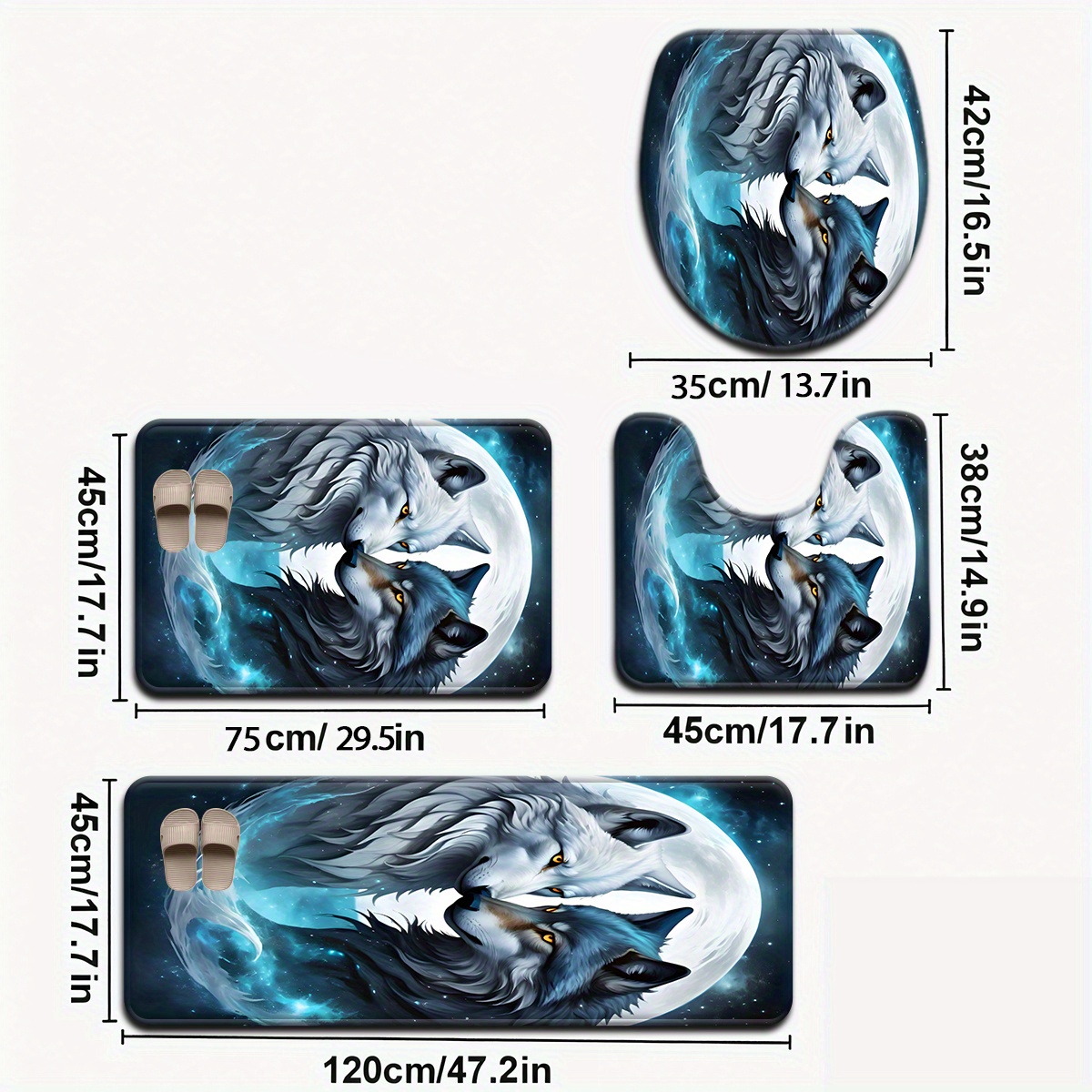3pcs/4pcs Black And White Wolf Pattern Bathroom Mat Set, Toilet Lid Cover & Rug, U-shaped Bath Decor