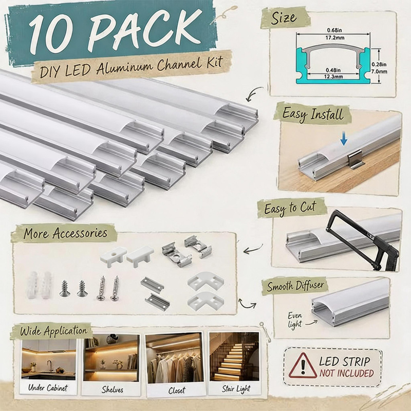 Image of 2m Led Aluminum Light Trough, In 5/6/10-pack. Features An Led Channel Track With An Opal Cover For Soft . For Ceilings, Walls, Shelves, Under-cabinets, And Countertops. (note: Led Strip Not Included).