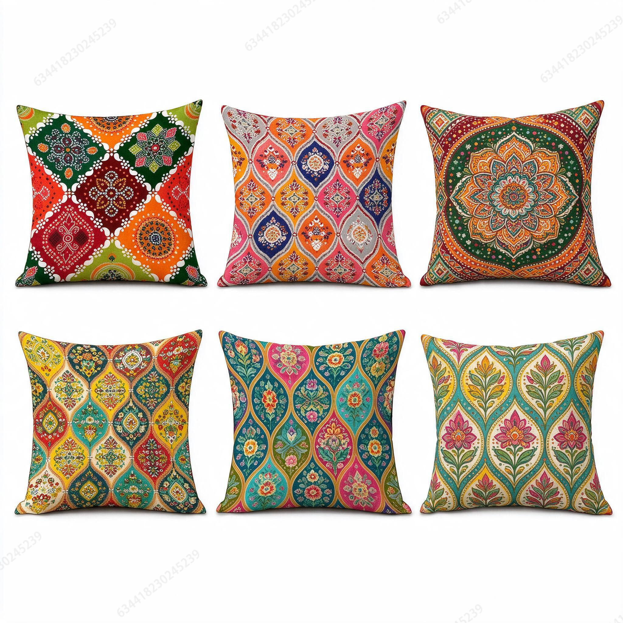 TEMU 6pcs Set Of Colorful Bohemian Mandala Pillow Covers, Retro Moroccan Ethnic Diamond Geometric Floral Printed Decorative Covers, Soft Polyester