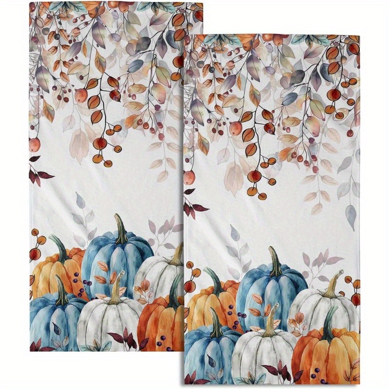 TEMU 2pcs 18x26 Inch Autumn Eucalyptus Leaf, Watercolor Autumn Pumpkin Thanksgiving Decorated Guest Towels, Gym, Spa Center, Hotel Kitchen Towels And